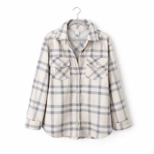 Mia & Tess Shacket Women Medium Cream Blue Plaid Fleece Button Down Pocketed